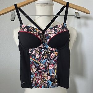 NUYU Black and Comic Print Bustier Top